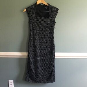 Adrianna Papell | polka dot bodycon shutter pleated cocktail dress. Size 6.